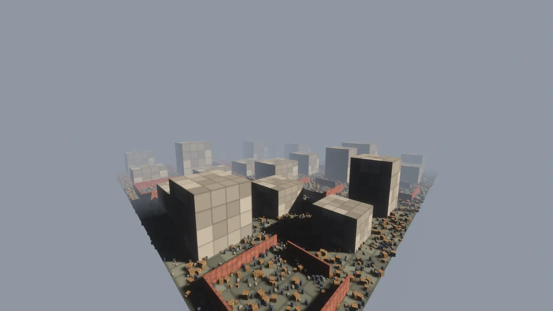 The 300 by 300 metre test city from above with every optimisation off: 40,231 meshes drawn