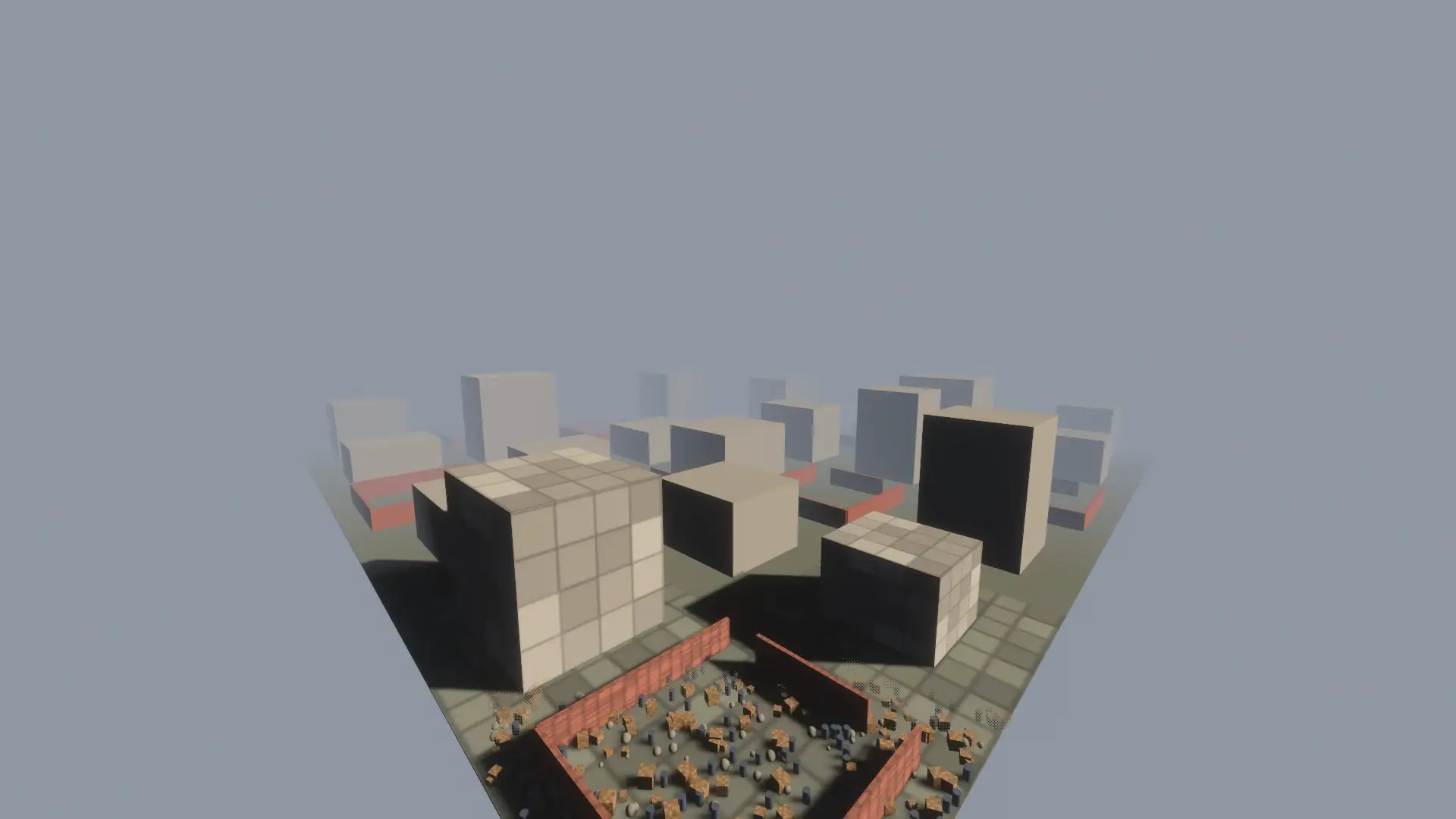 A city of grey blocks and thousands of small props seen from above, drawn with the render budget on