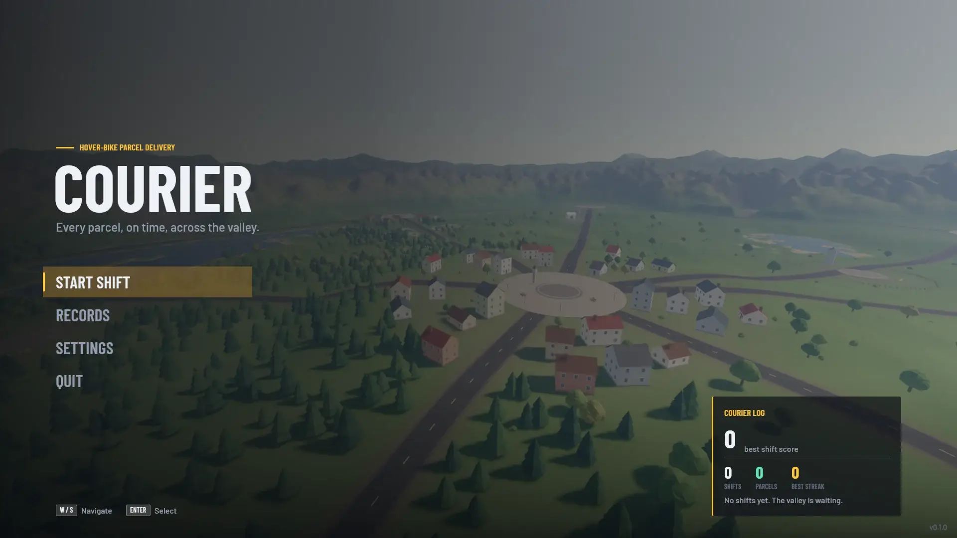 Courier main menu in yellow: Start shift selected, records, settings, quit, over a valley flyover