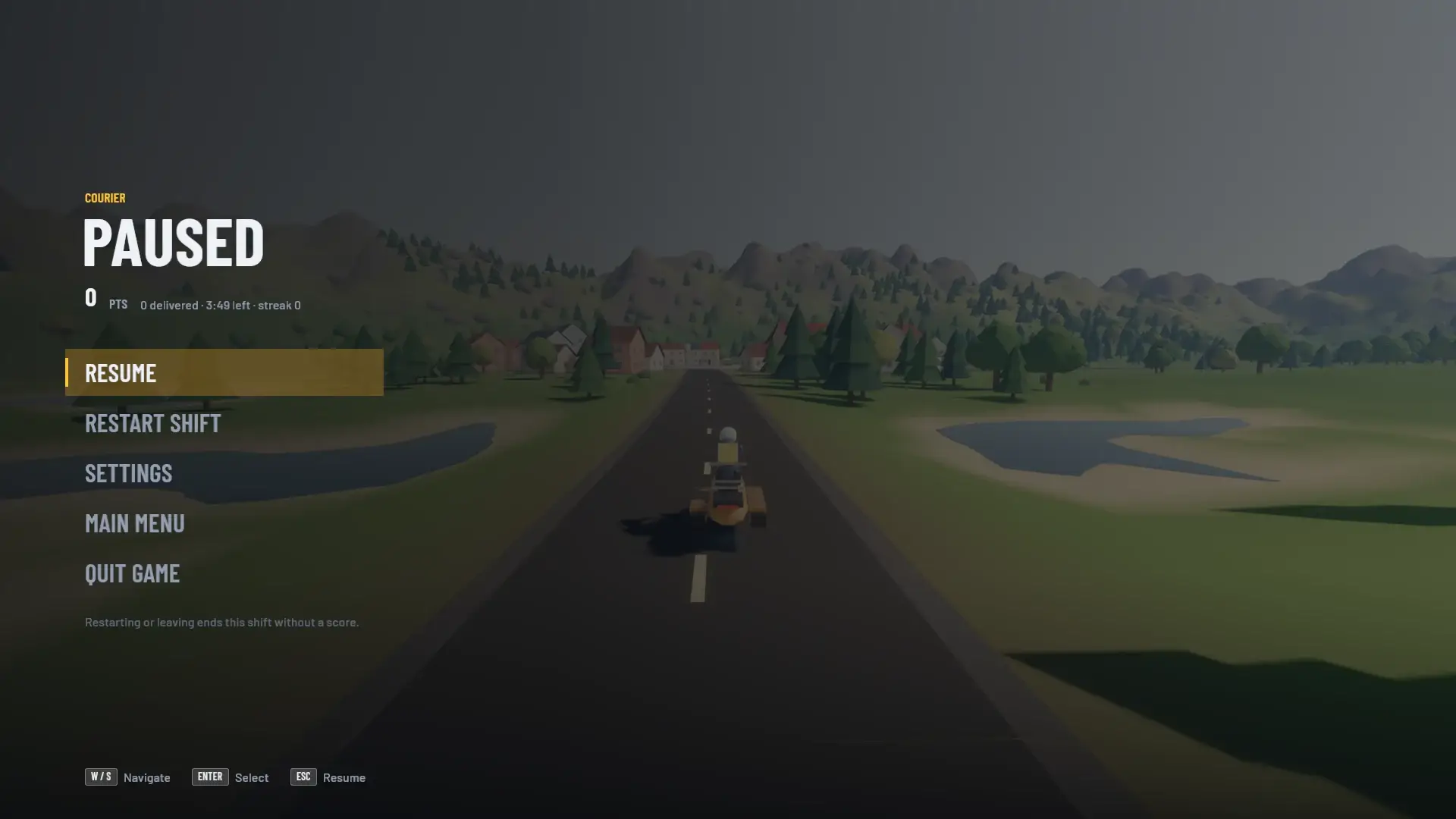 Courier paused on the road: Resume selected, restart shift, settings, main menu, quit