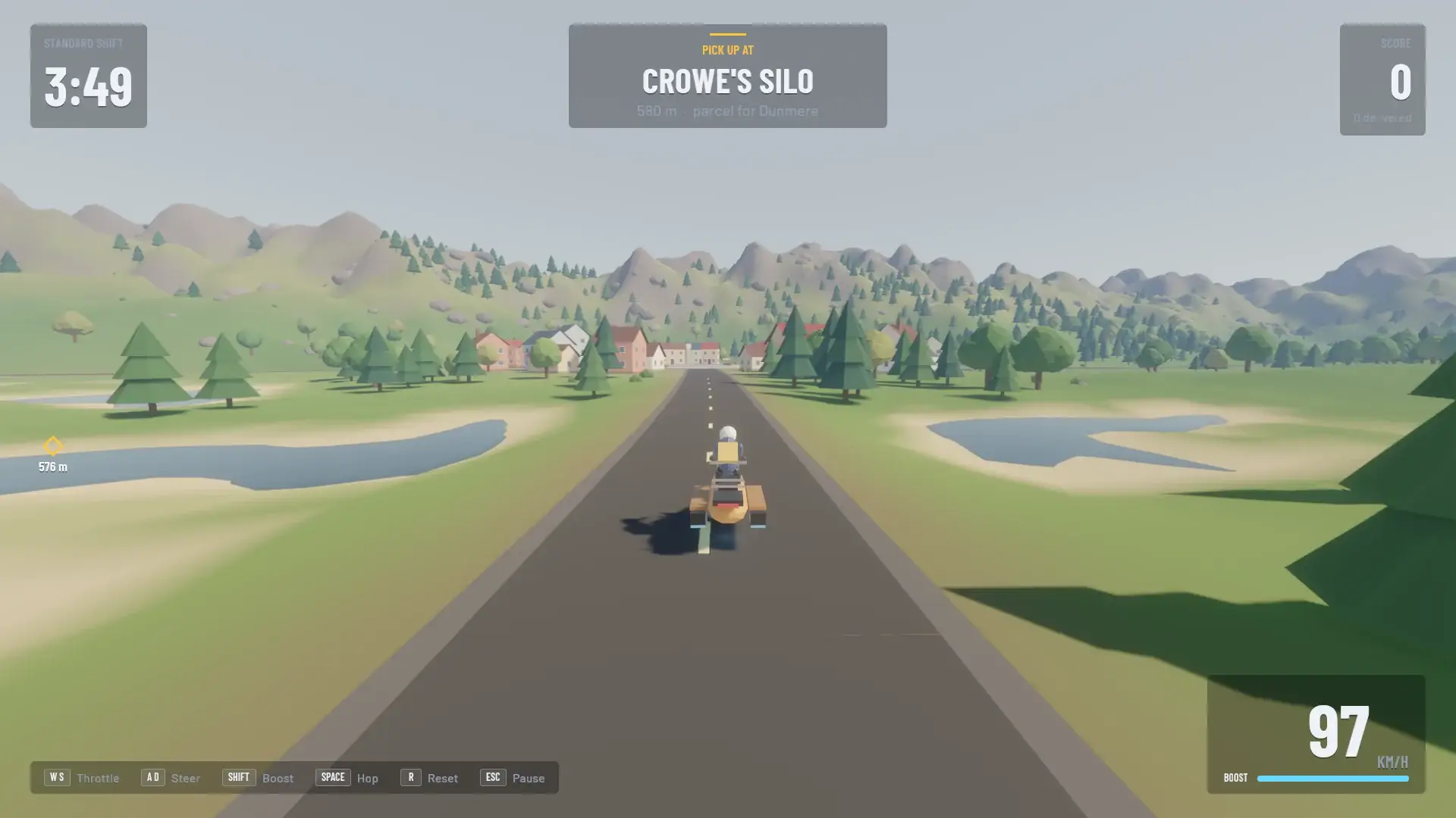 Courier: a hover bike on a valley road seen from the chase camera, low-poly trees and hills