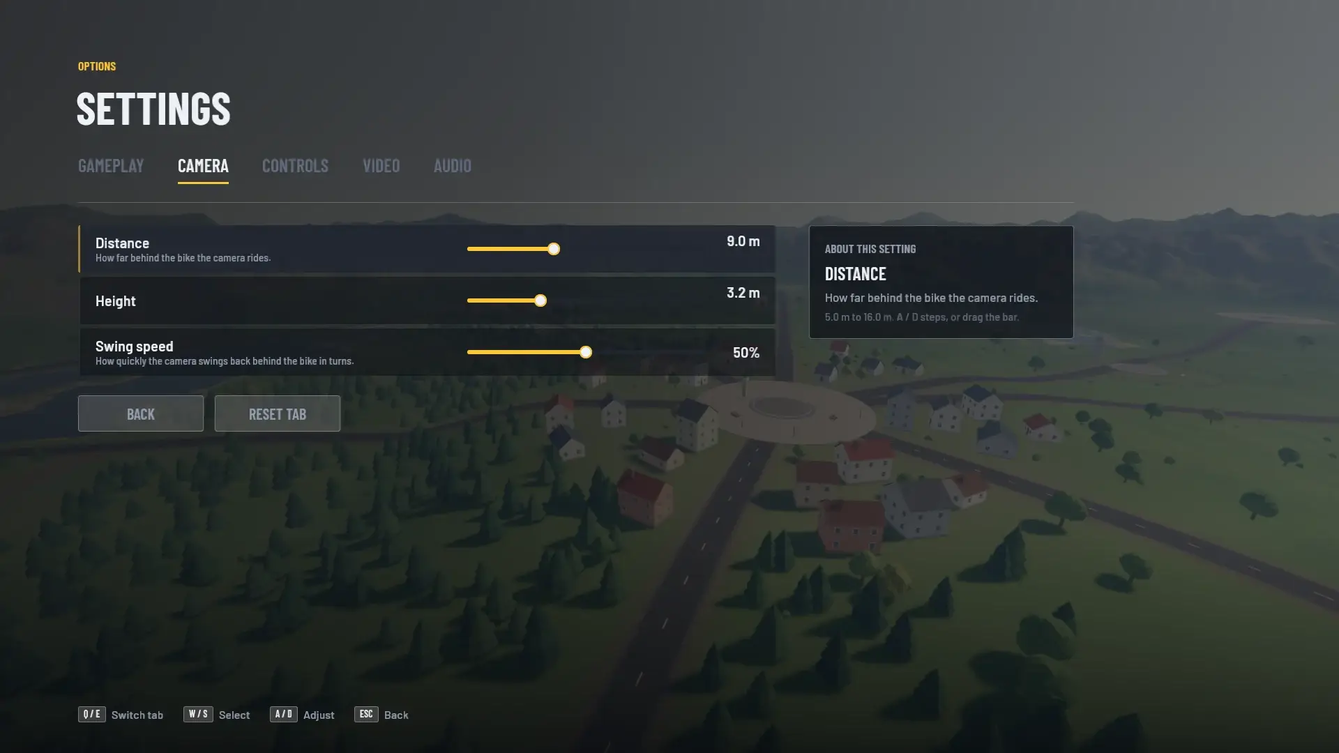 Courier camera settings: distance, height and swing speed sliders