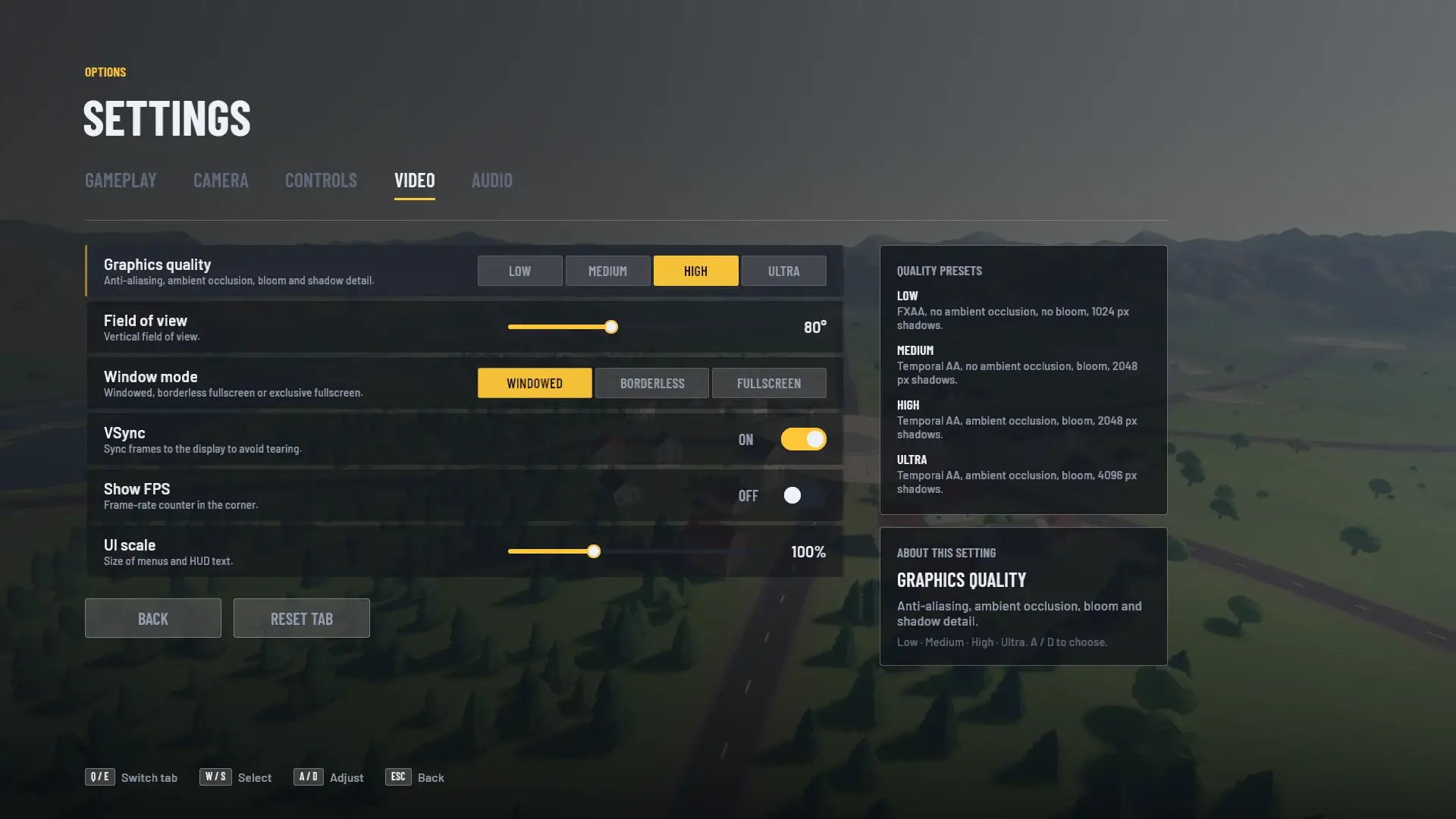 Courier's video settings: the same screen and rows, with High selected in yellow over a valley backdrop