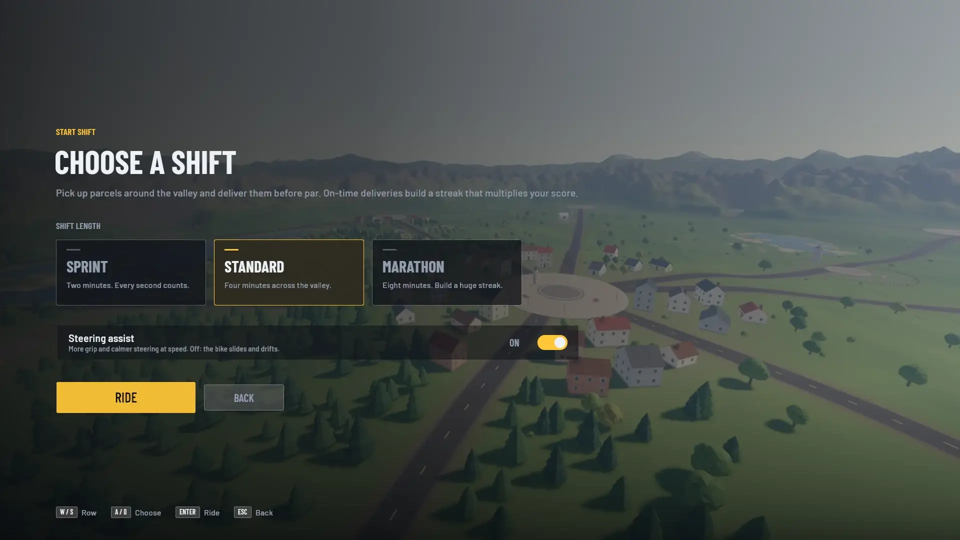 Courier shift select: Sprint, Standard and Marathon cards with Standard selected, a steering assist toggle