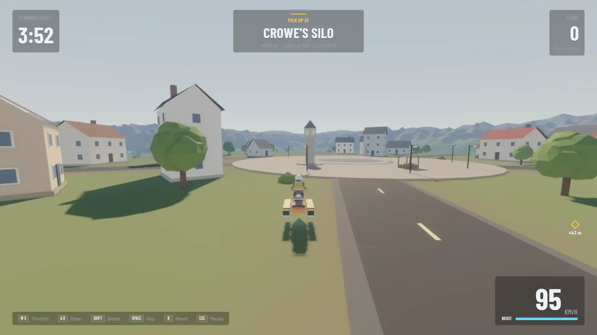 Courier: a hover bike entering a small town square with houses and a tower