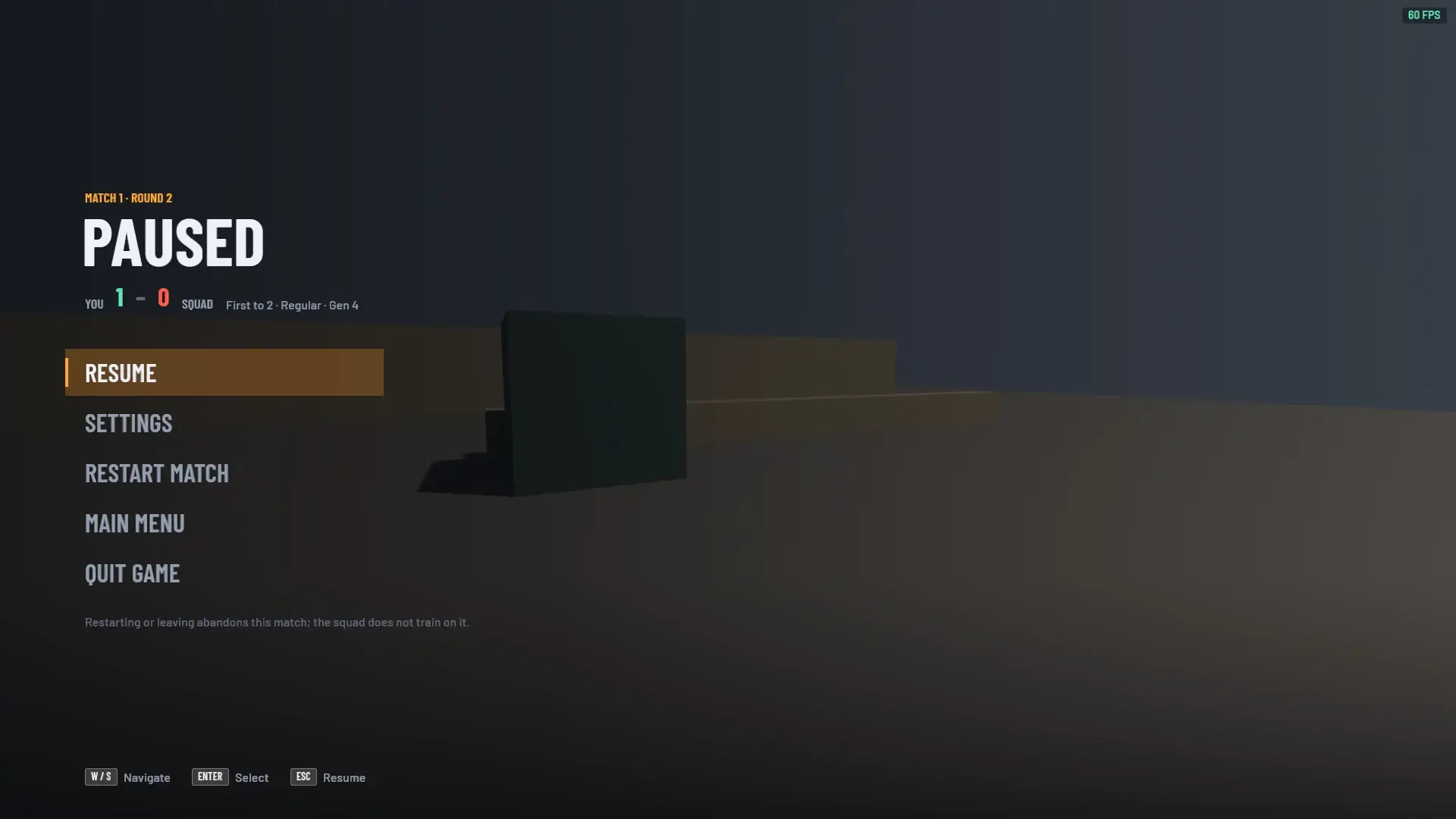 The engine pause menu: a match score header, five menu items with the first selected, key hints at the bottom
