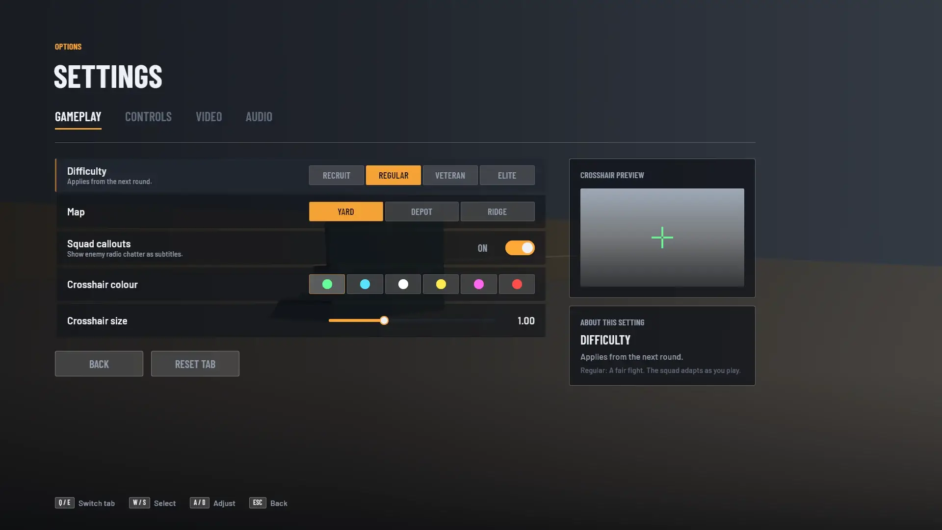 The settings screen the engine generates from FieldDefs: difficulty cards, a toggle, crosshair colour swatches and a slider