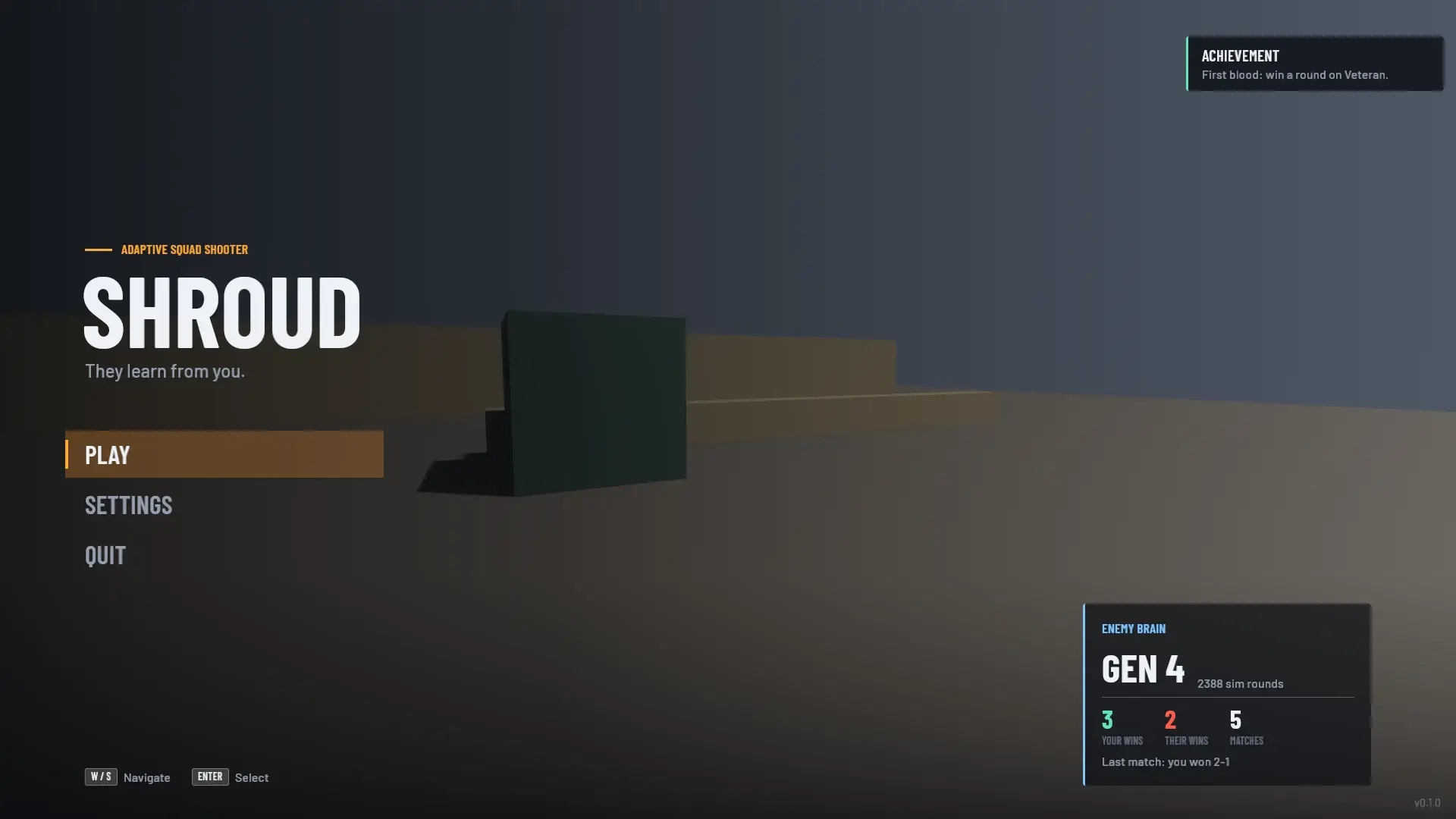 The engine main menu in the ui_gallery example: title, tagline, three menu items with the first selected by an accent bar, a stats card and key hints