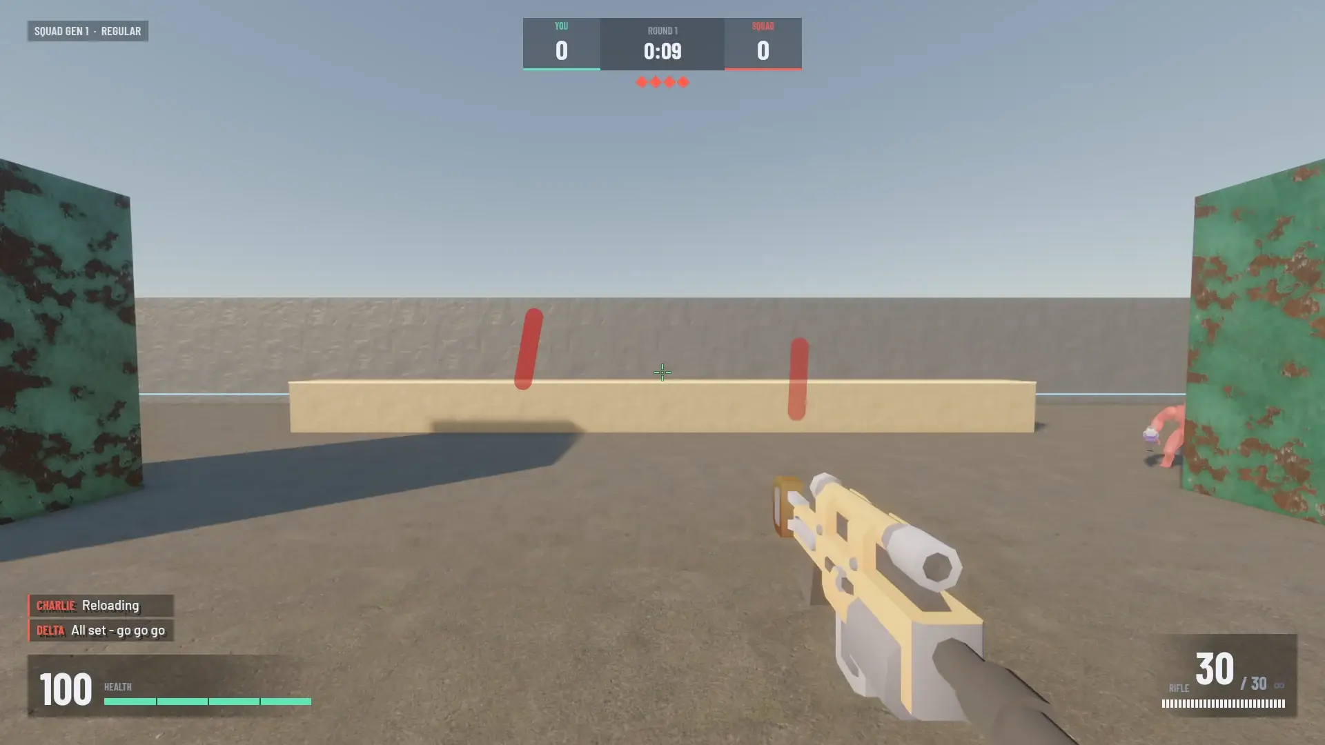 Shroud: first-person view of a desert yard, a pistol in hand, two squad members behind a low wall