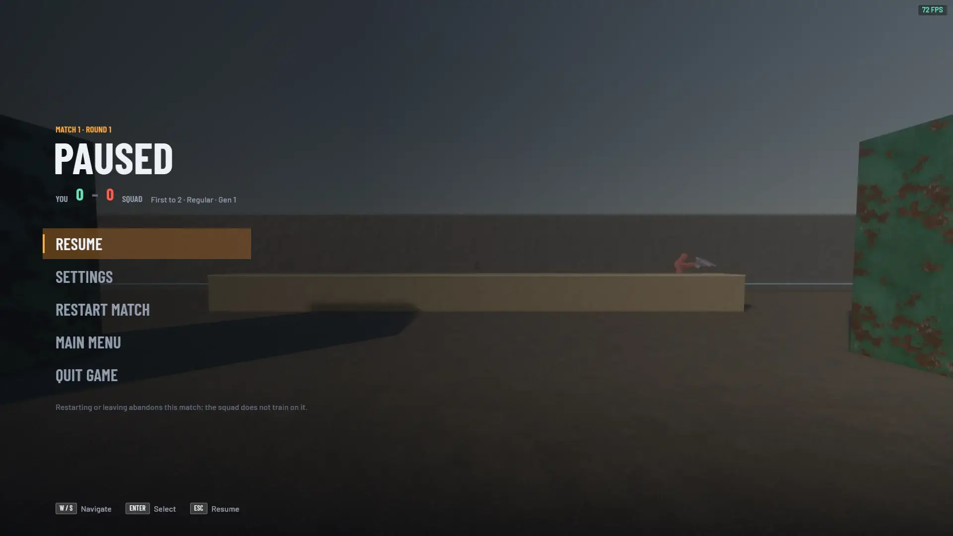 Shroud paused mid match: score header, Resume selected, settings, restart, main menu and quit