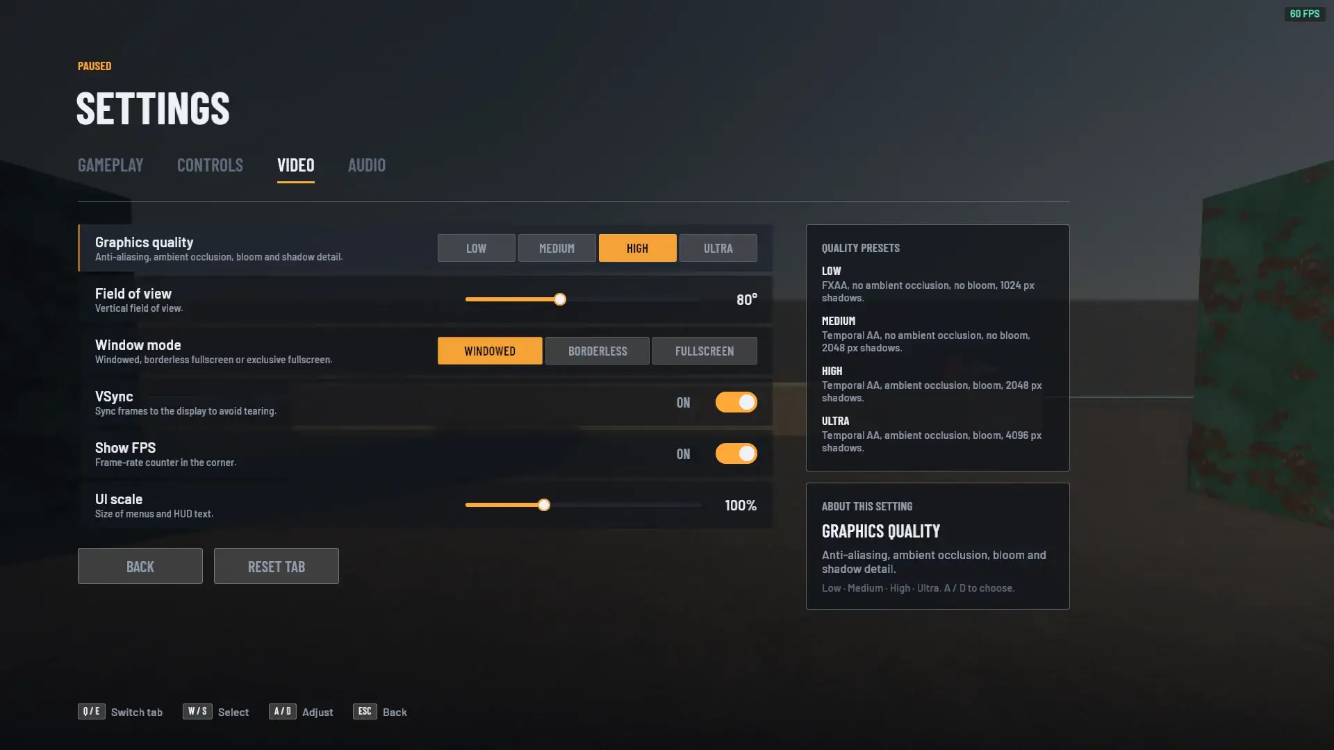 Shroud's video settings: quality presets with High selected in orange, field of view slider, window mode, VSync and UI scale