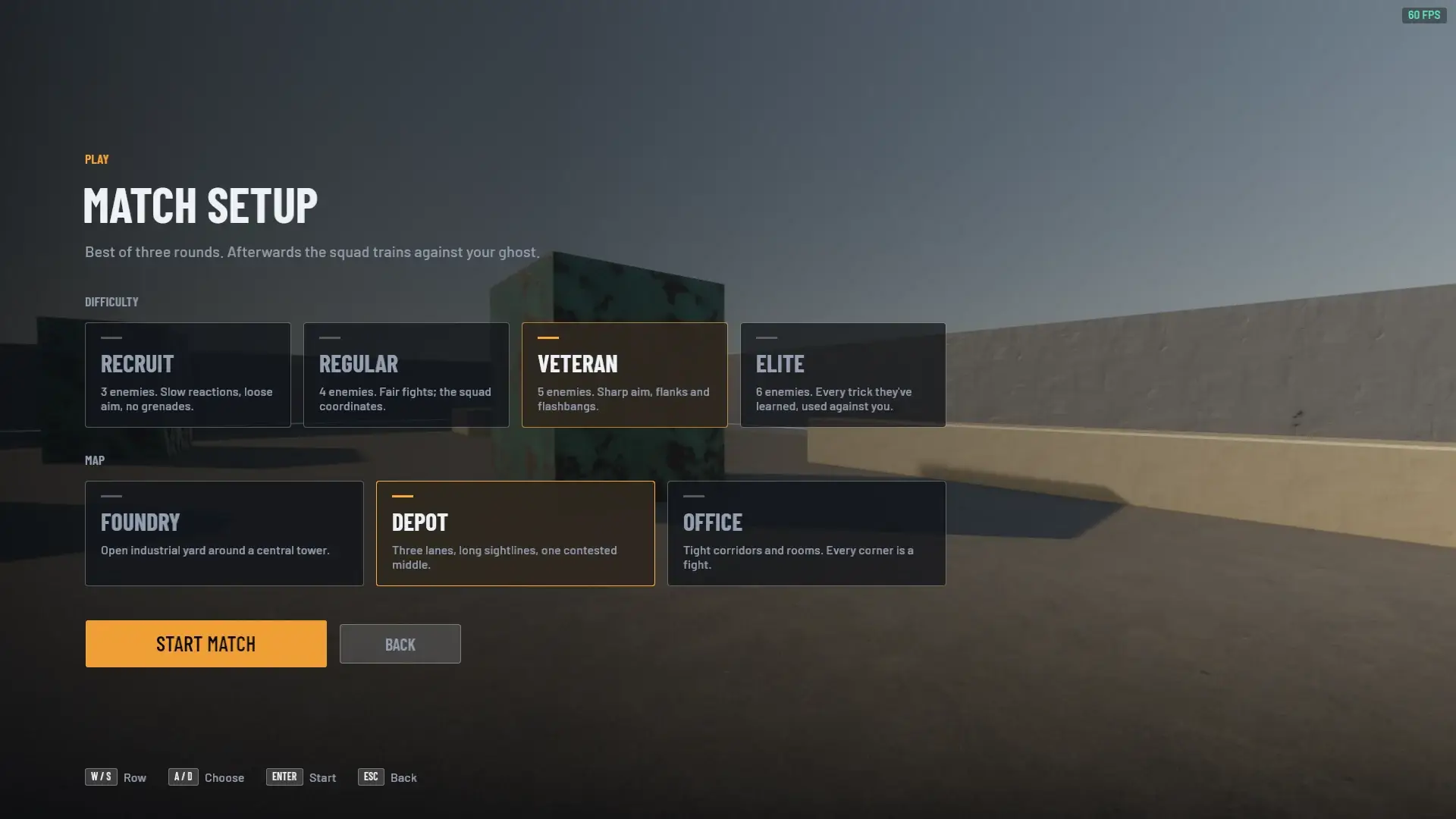 Shroud match setup: difficulty cards from Recruit to Elite, map cards for Foundry, Depot and Office, a Start match button